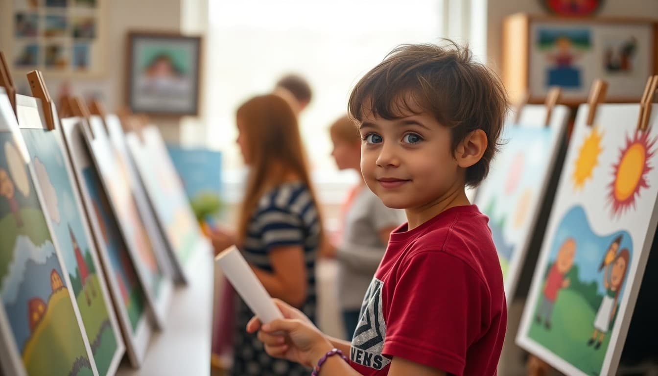 Homeschool student displaying completed art projects at a co-op art show for families