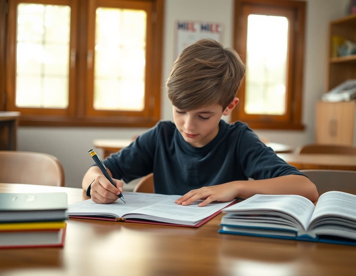 Homeschool student completing a written assessment test at a table with reference books nearby