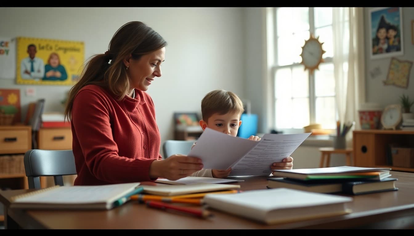 Homeschool parent reviewing assessment results with child at a home desk with workbooks visible