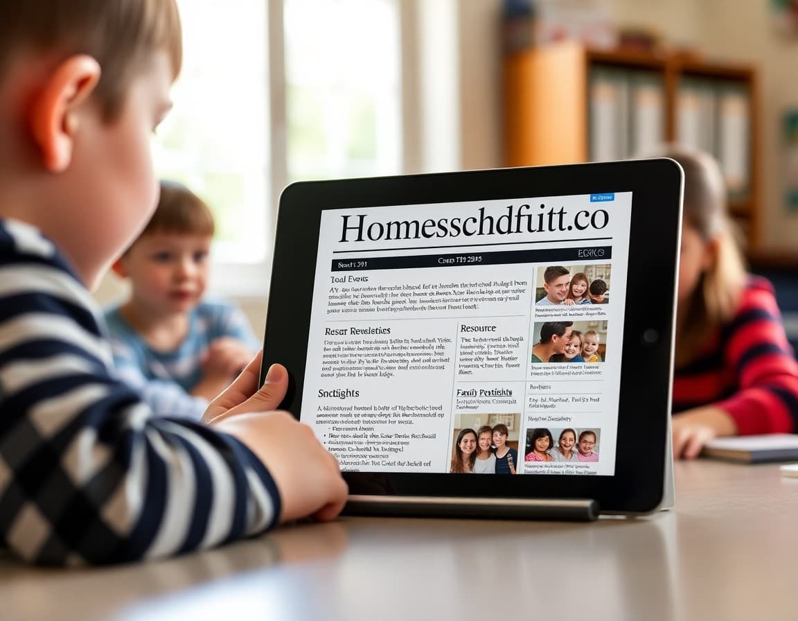 Homeschool community newsletter on a tablet showing local events, resource recommendations, and family spotlights