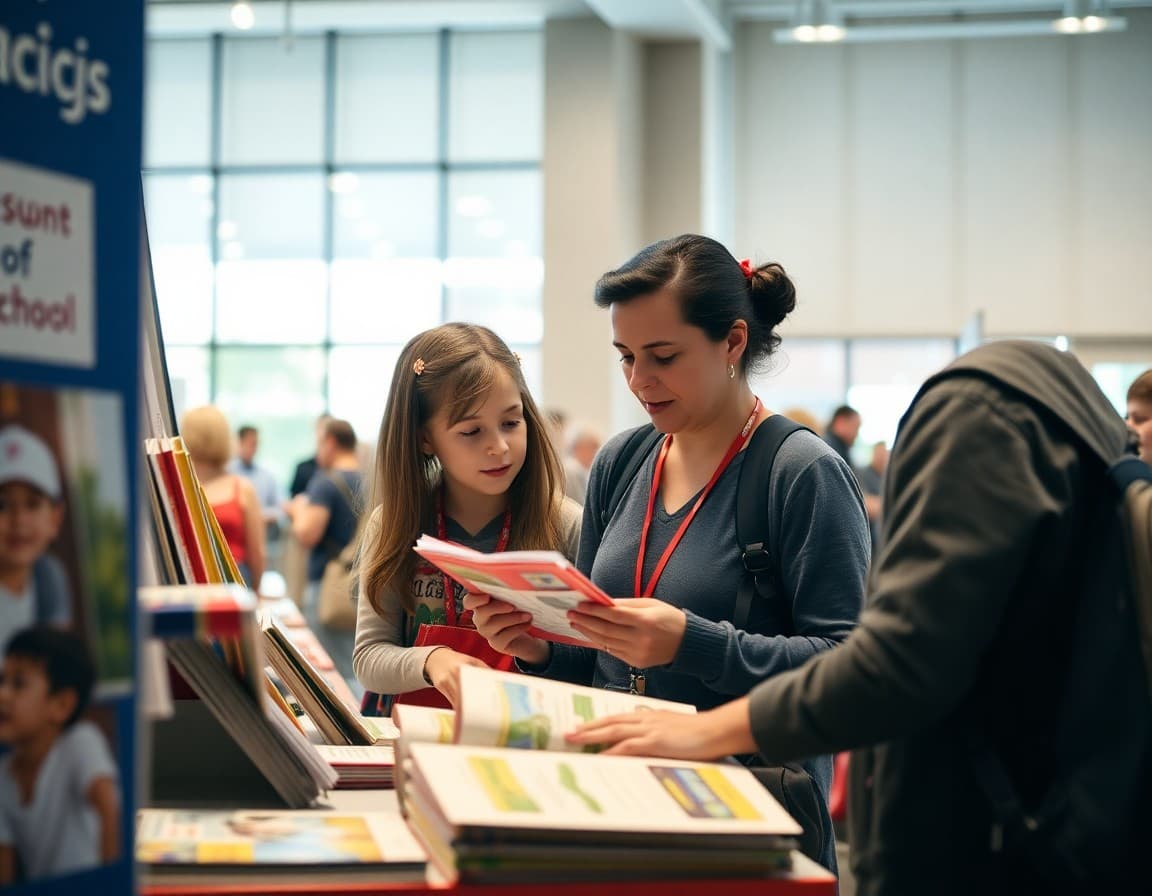 Homeschool parent reviewing curriculum samples at a convention vendor booth with child looking on