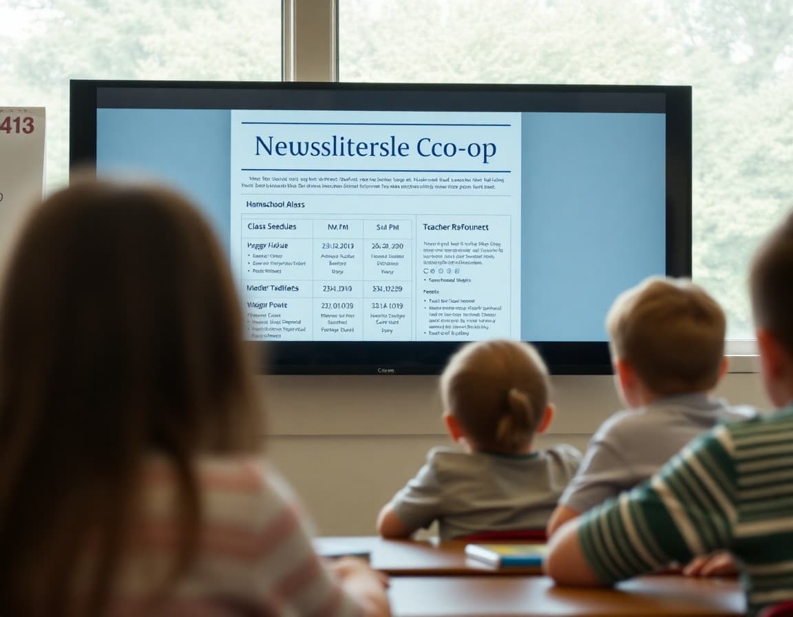 Homeschool co-op newsletter on a screen showing class schedules, field trip announcements, and teacher bios
