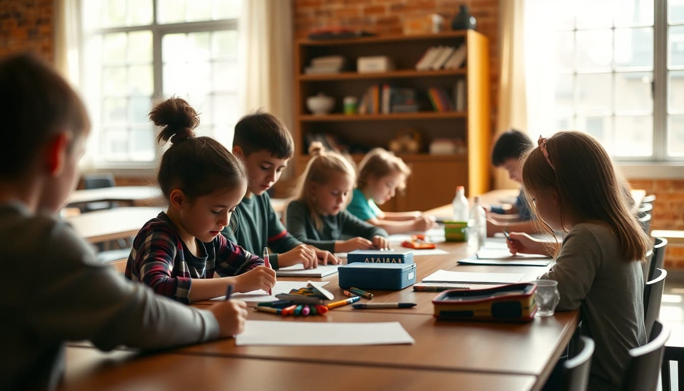 A group of homeschool students working together on a project at long tables in a community space