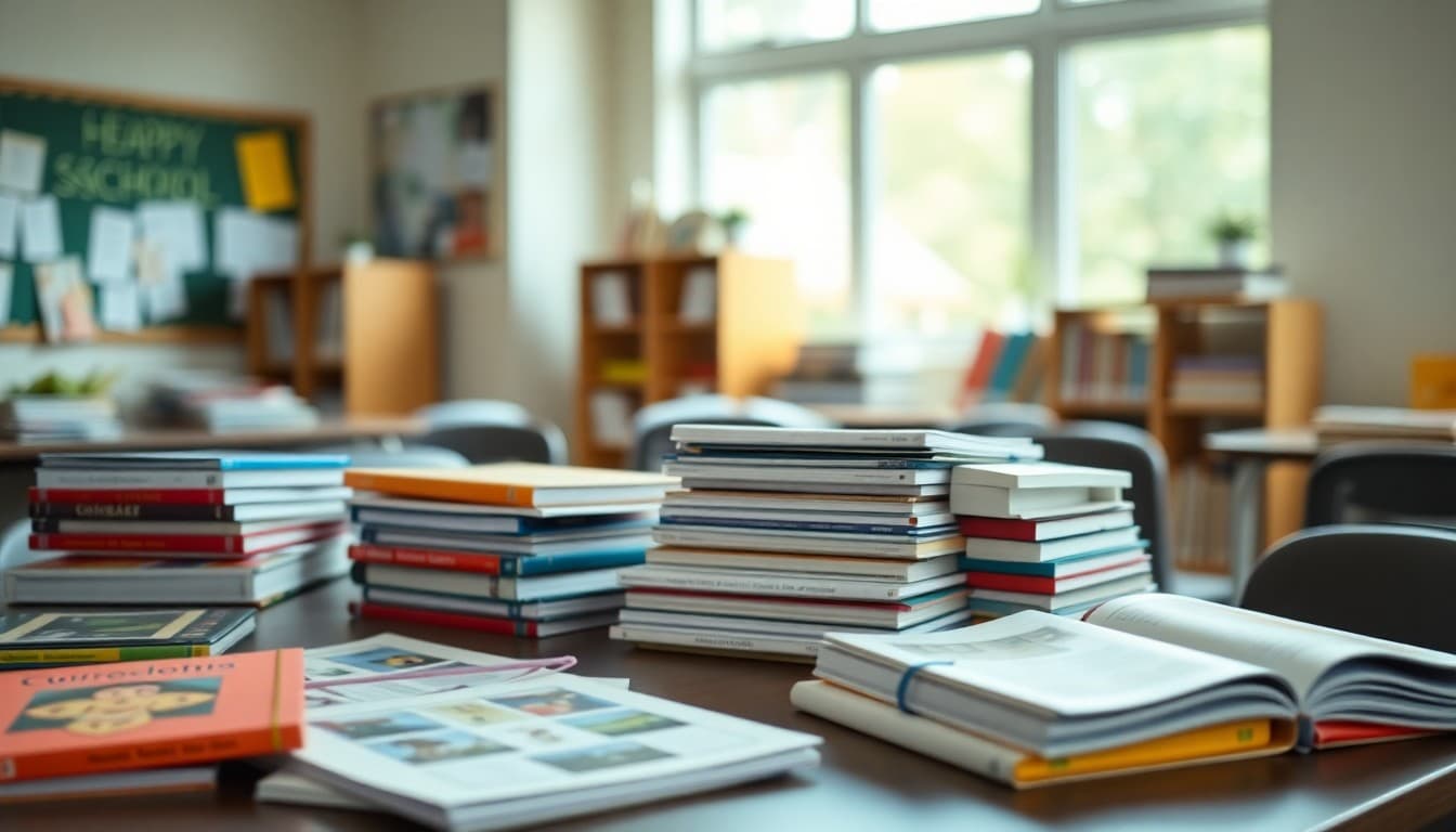 A spread of homeschool curriculum books, materials, and workbooks organized on a table