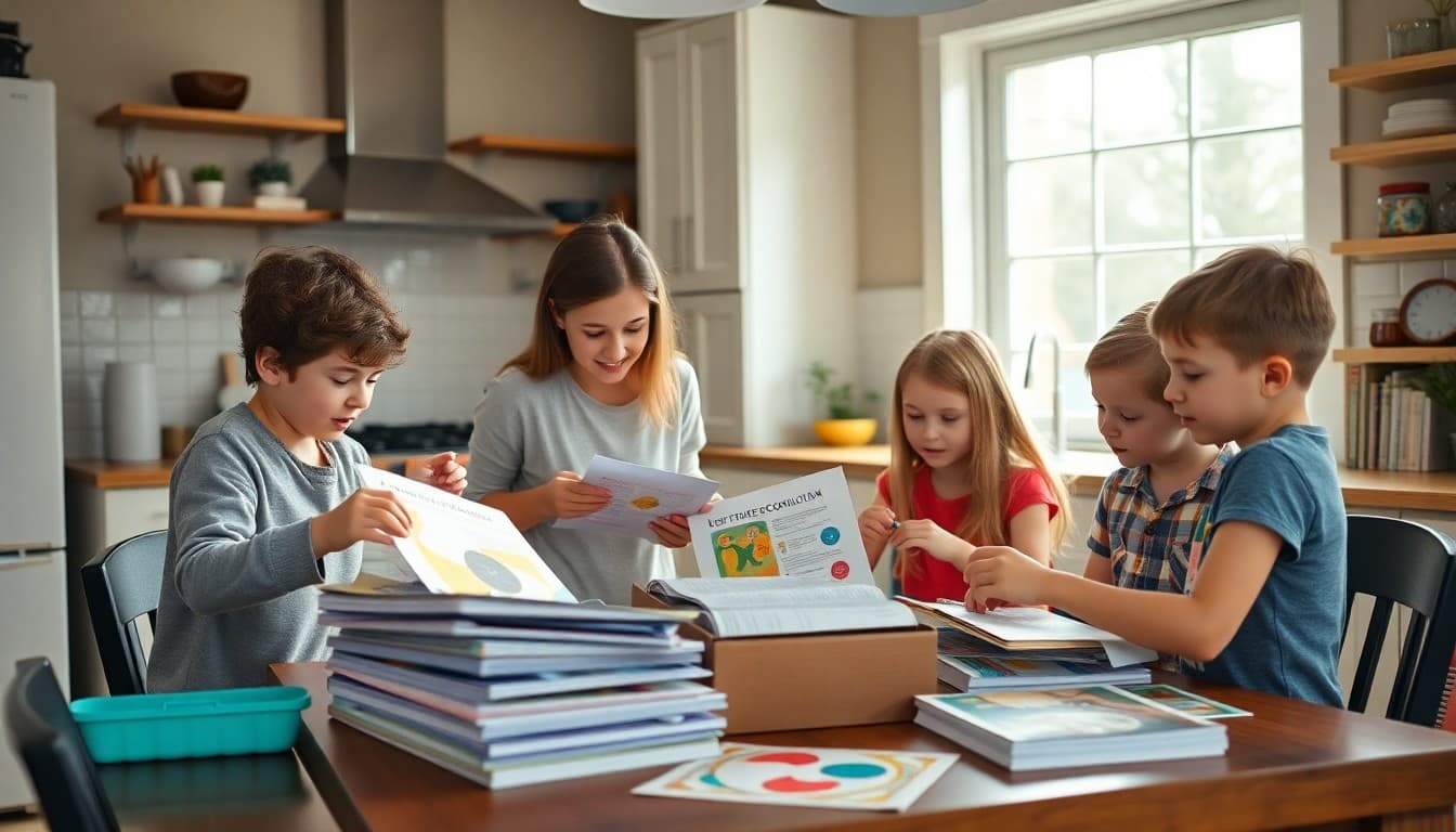 Homeschool family unpacking new curriculum materials on kitchen table with children excited to explore