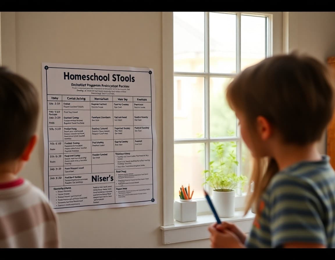 Homeschool extracurricular activity schedule and enrichment program newsletter on a family bulletin board