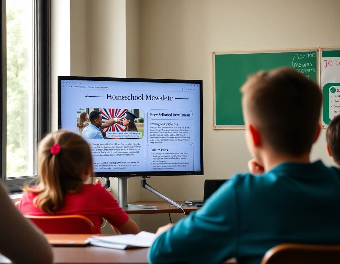 Homeschool graduation newsletter on a screen showing student accomplishments, transcript highlights, and future plans