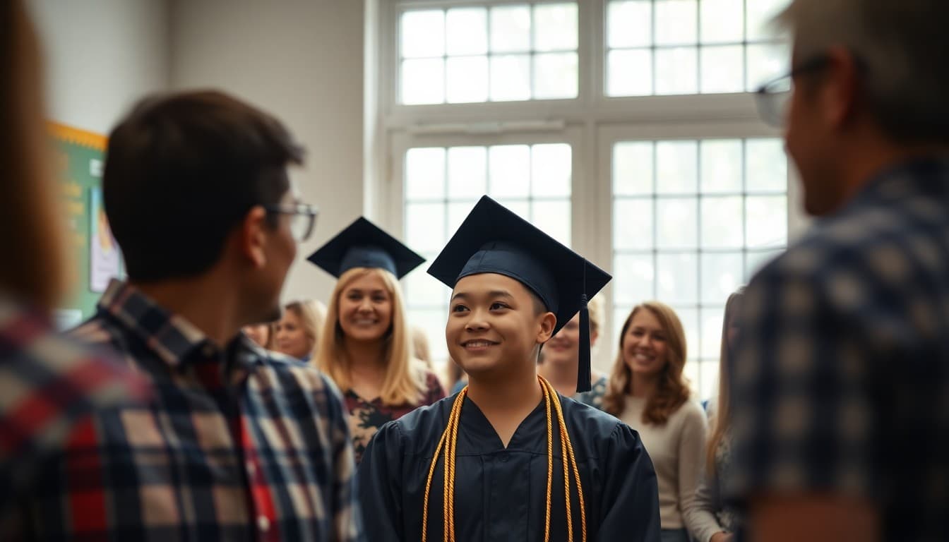 A homeschool graduate in a cap and gown surrounded by proud family members at a graduation ceremony