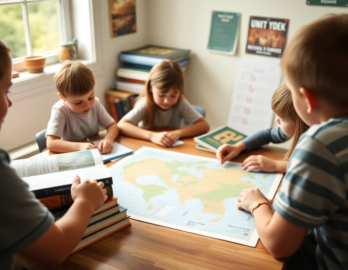 Homeschool history curriculum books and timeline map laid out for unit study planning session