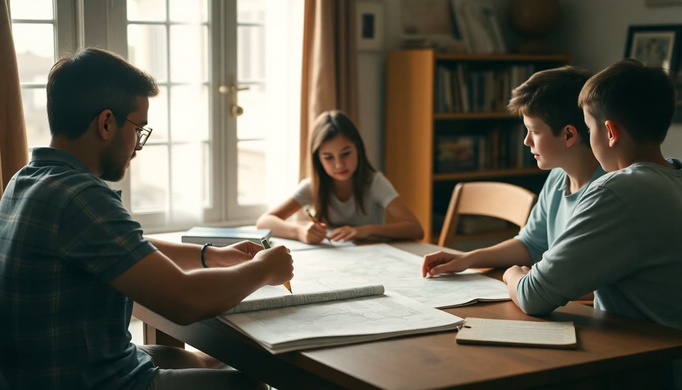Homeschool family studying history together with maps and primary source documents spread on table