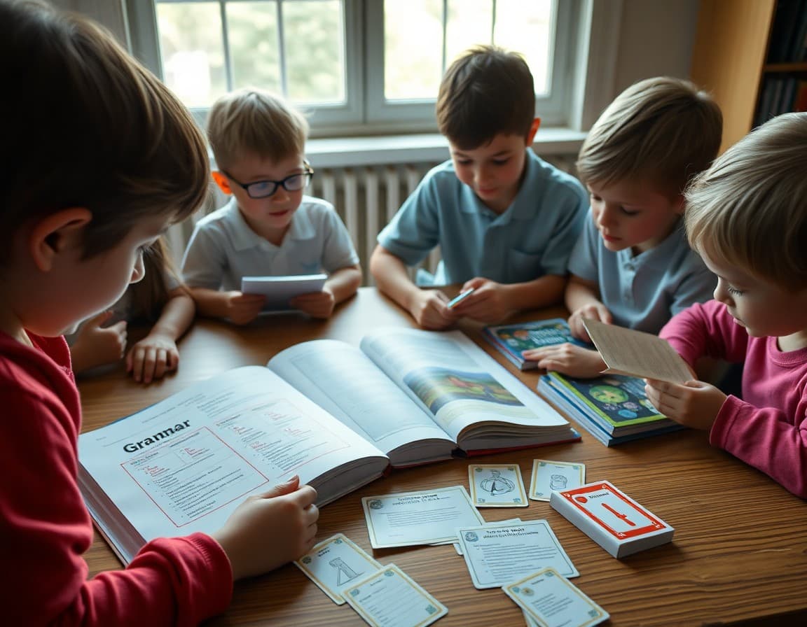 Homeschool language arts curriculum spread with grammar workbook, readers, and vocabulary cards