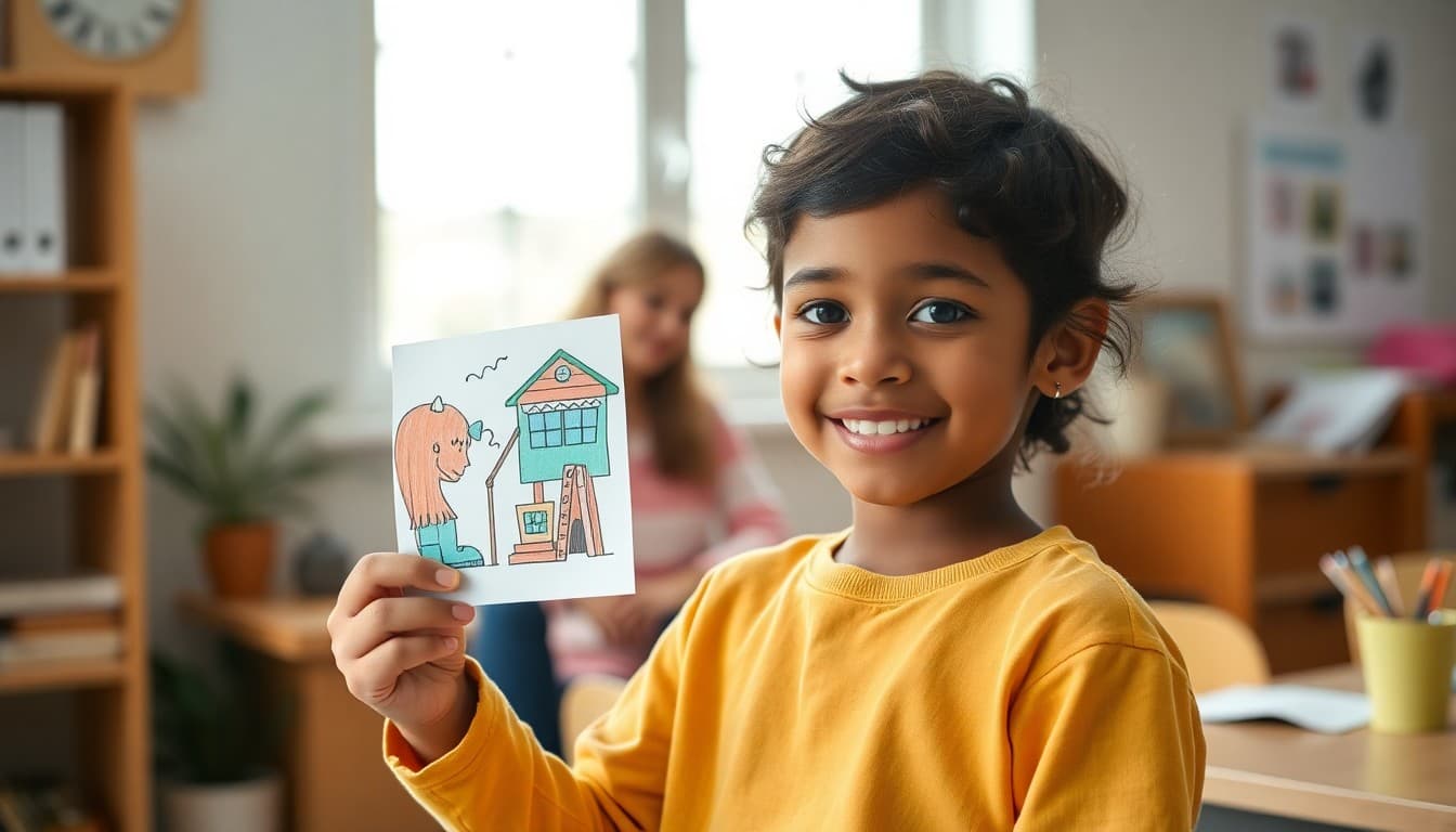 A homeschool student holding up a completed project with a proud expression, parents visible in the background