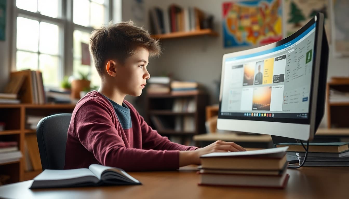 Homeschool student working on accredited online academy curriculum at computer with textbooks nearby