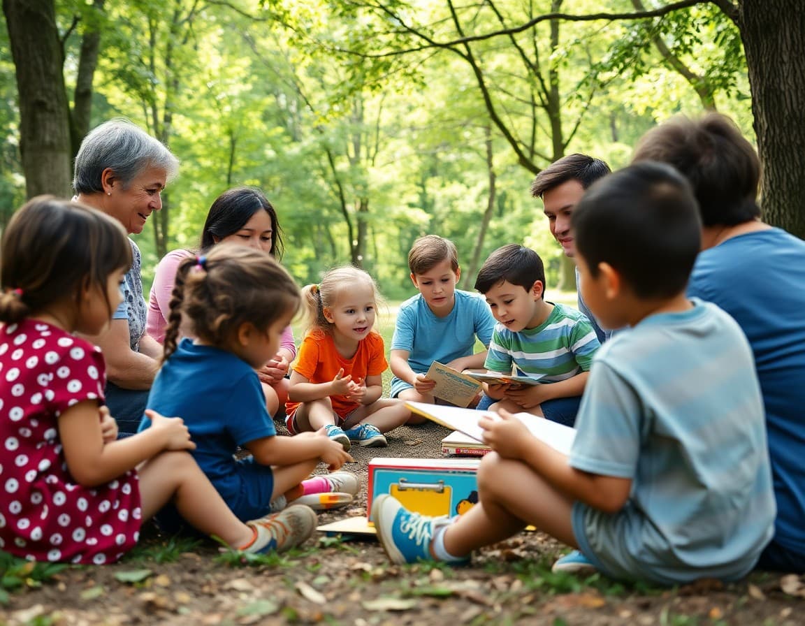 Homeschool families gathered at a park meetup with children playing and parents discussing curriculum