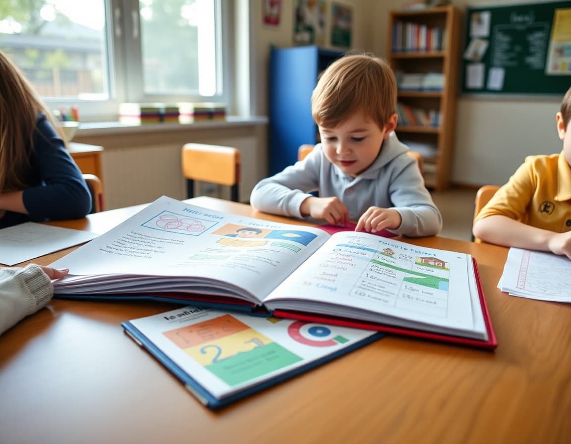 Child's portfolio spread open on table showing writing samples, art projects, and math worksheets
