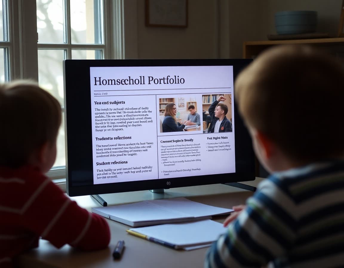 Homeschool portfolio review newsletter on a screen showing year-end subject summaries and student reflections
