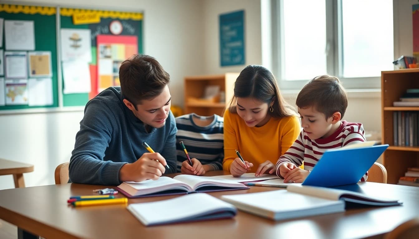 A family reviewing student work and portfolio materials at a table at the end of the school year
