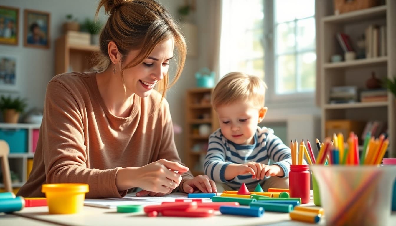 Parent doing homeschool preschool activities with toddler at home using colorful learning materials