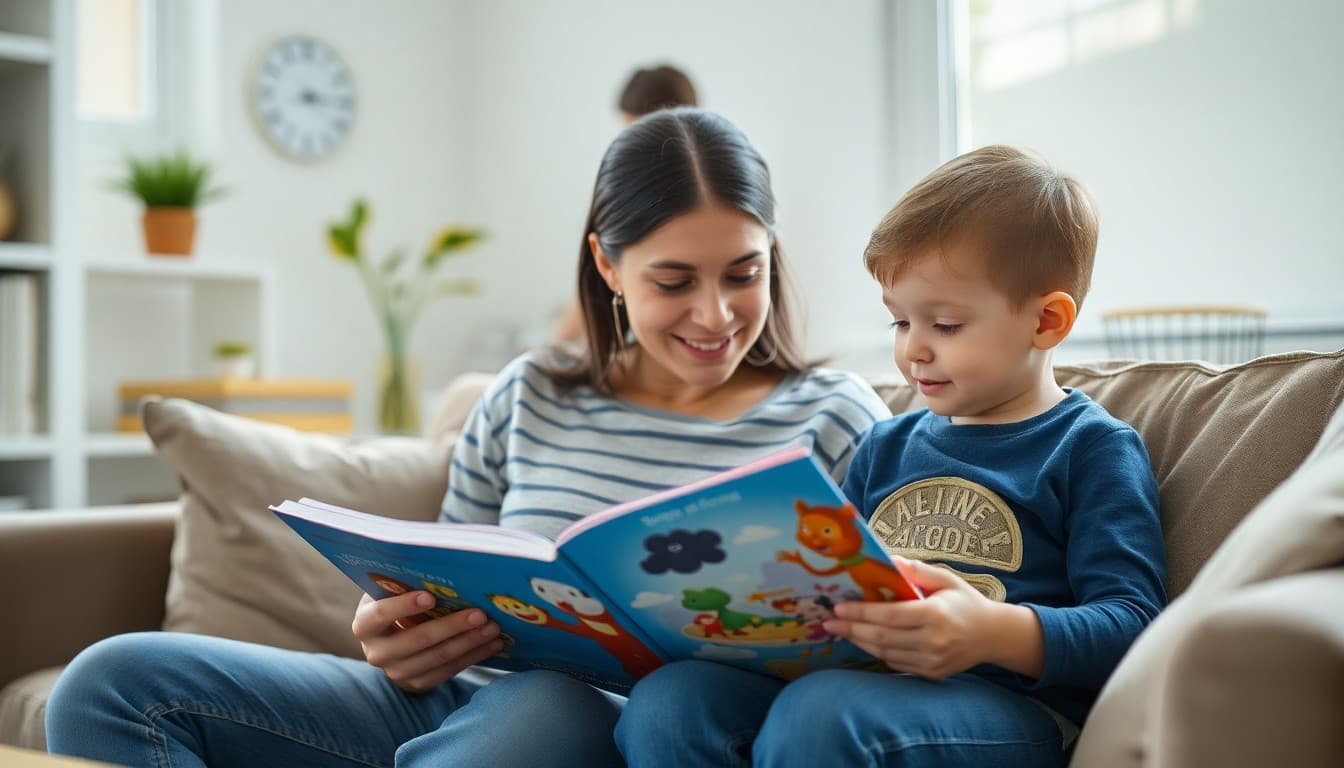 Parent doing a read-aloud session with a young child at home with picture books on the couch
