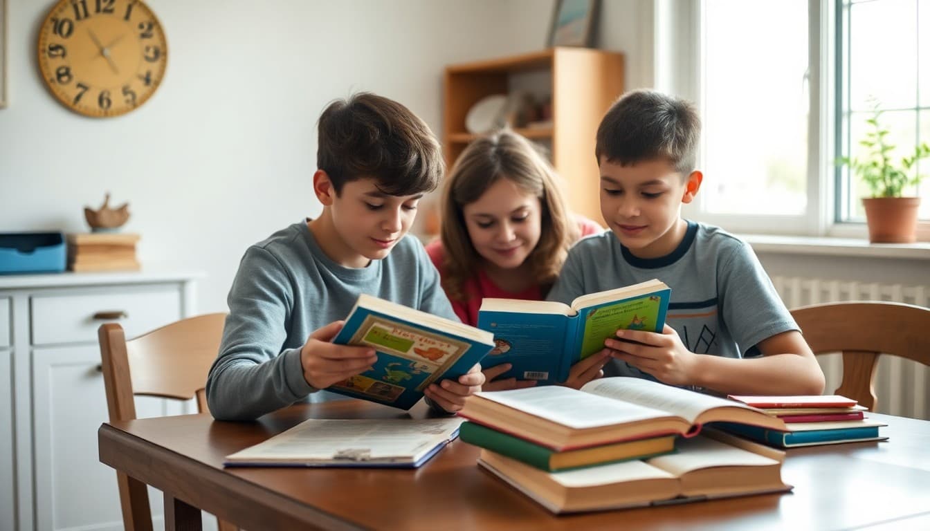 Homeschool family doing faith-integrated learning with scripture and curriculum at a table together
