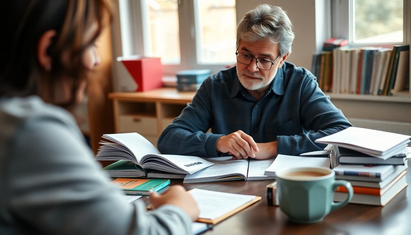 Homeschool parent reviewing curriculum options at a table with books, notes, and a cup of coffee