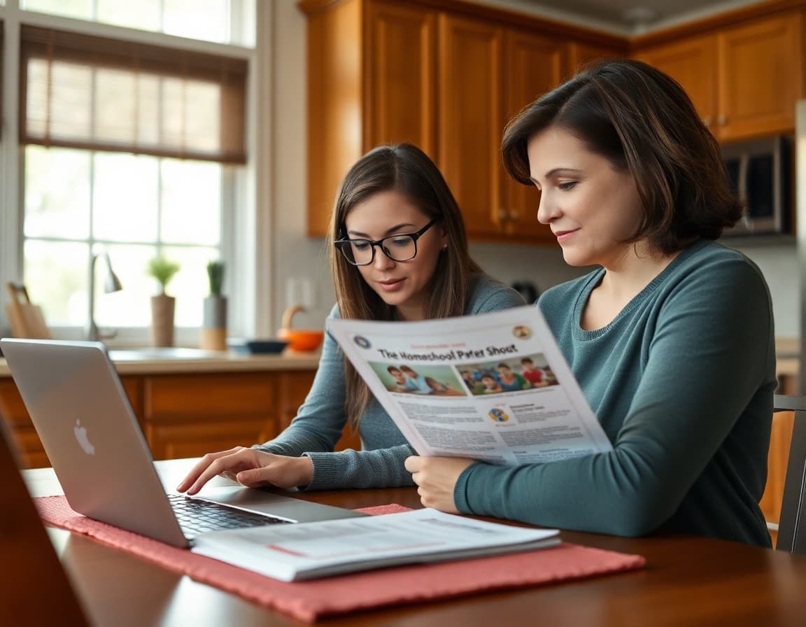 Parent coordinator reviewing homeschool sports newsletter on laptop at kitchen table