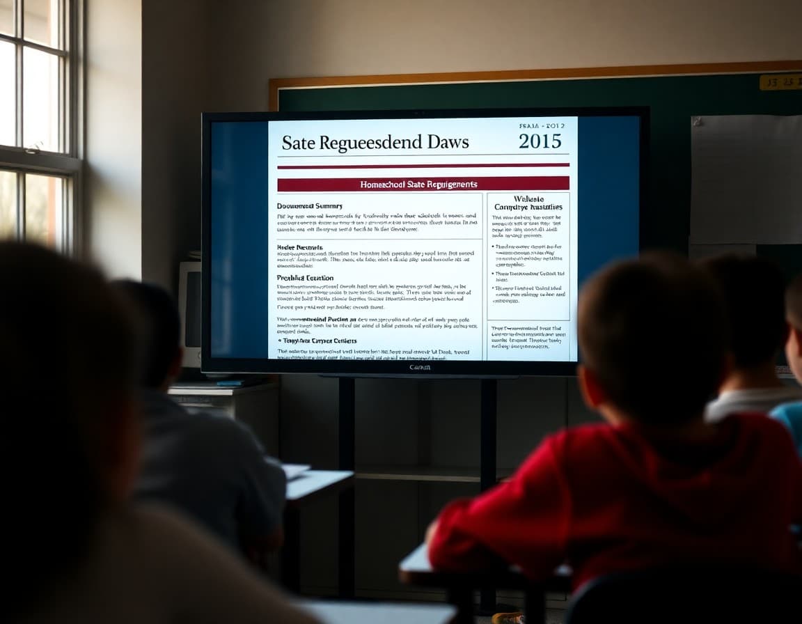 Homeschool state requirements newsletter on a screen showing documentation summaries and compliance notes