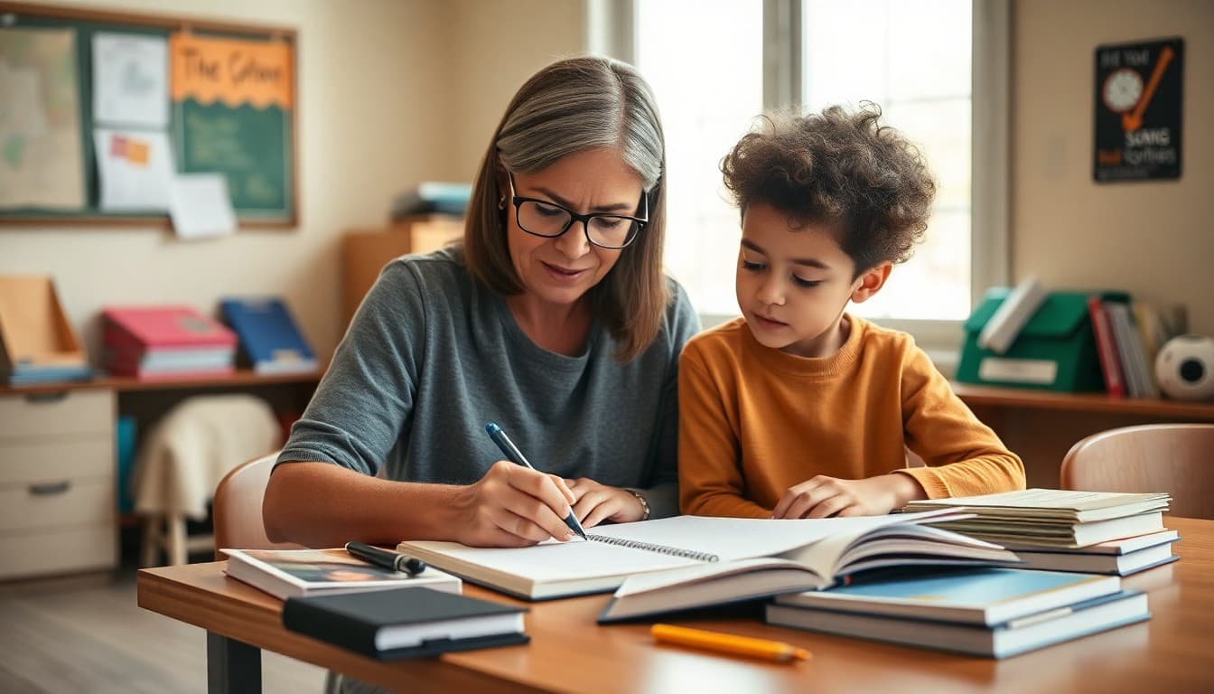 A homeschool parent reviewing state guidelines at a desk with a notebook and curriculum materials