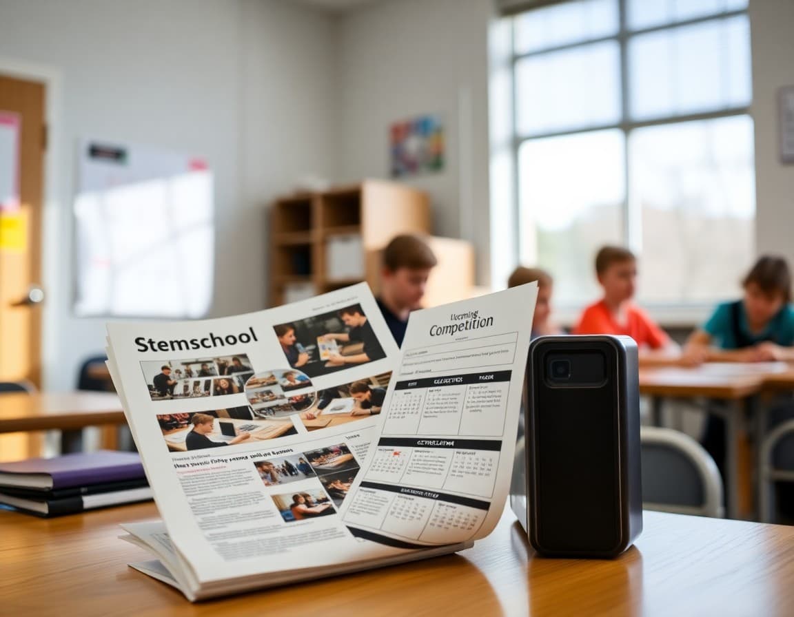 Homeschool STEM club newsletter with project photos and upcoming competition calendar on desk
