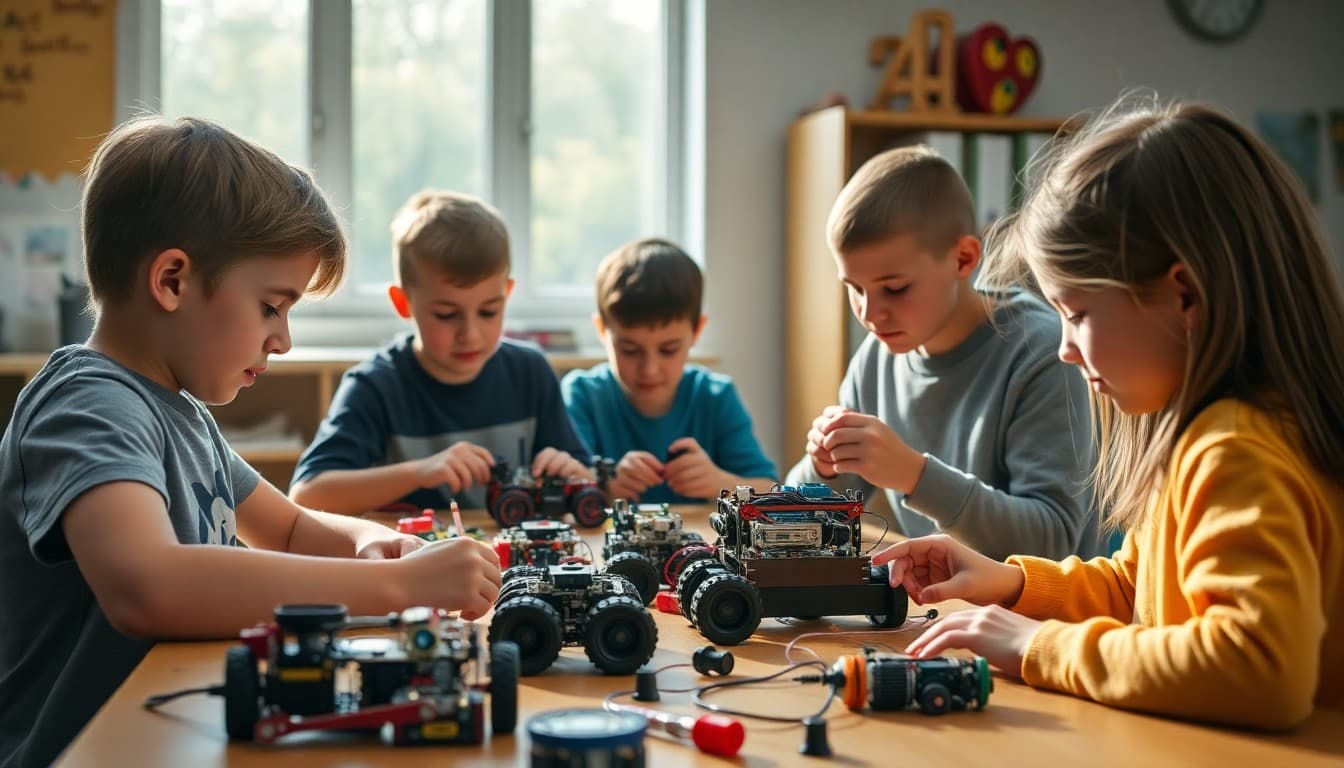Homeschool STEM club students building robots and working on science projects together at a table