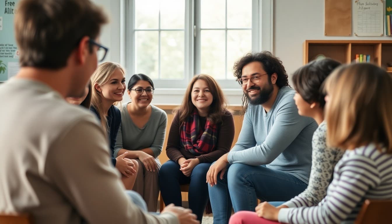 Homeschool support group circle of parents sharing experiences and encouragement at a community meeting