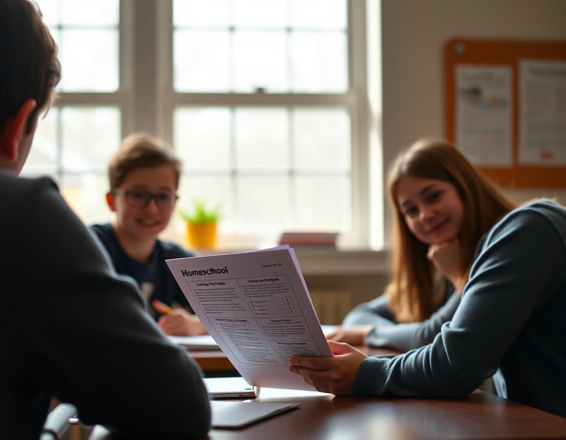 Homeschool teen newsletter with high school course planning guide and extracurricular schedule visible