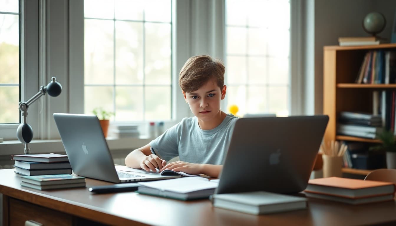 Homeschool teenager doing an independent study project at a home office desk with books and laptop