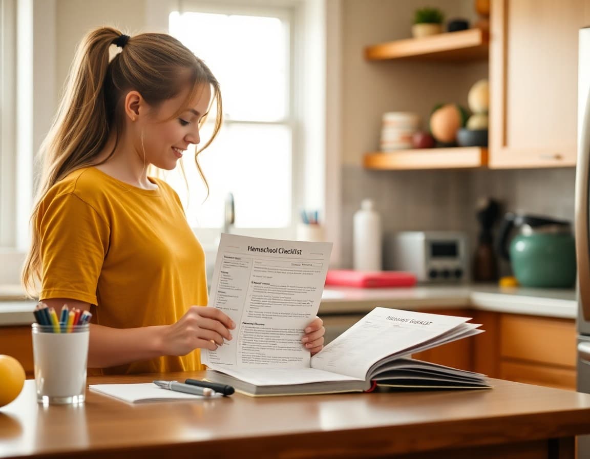 Parent reviewing homeschool testing requirements checklist and newsletter on kitchen counter