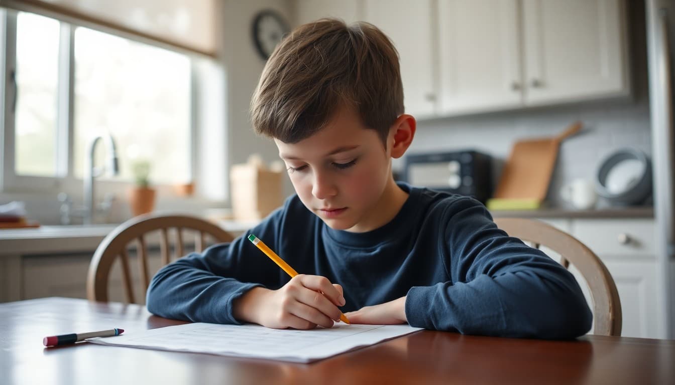 Homeschool student taking a standardized test at kitchen table with pencil and answer sheet