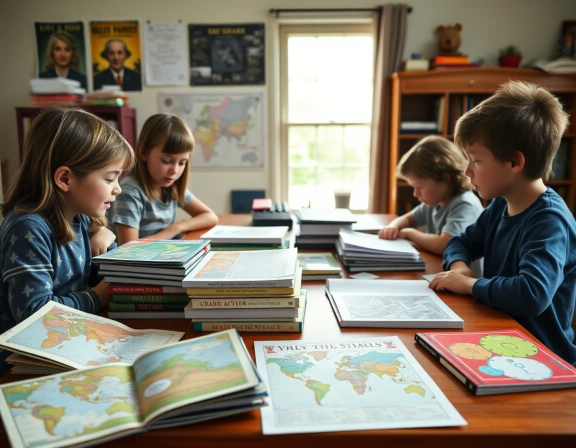 Homeschool unit study resource collection with books, maps, and project materials spread on table