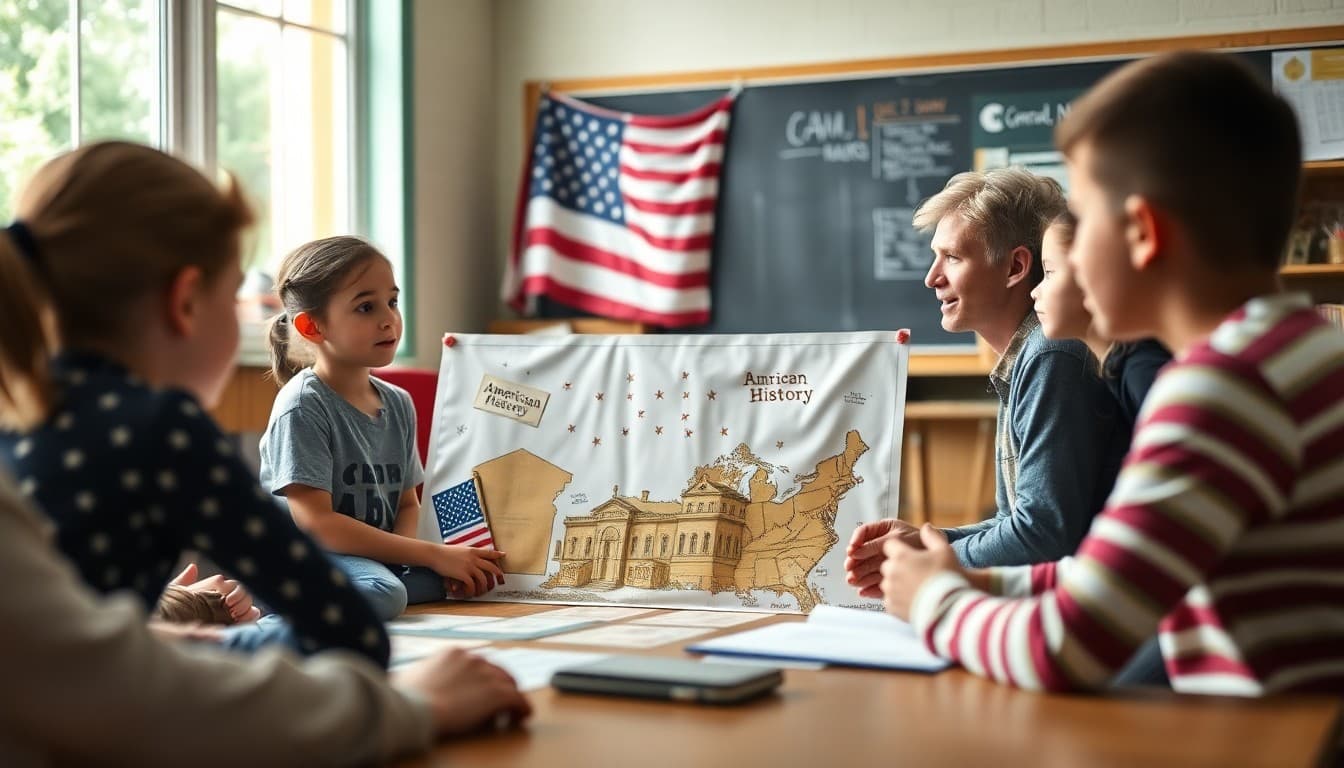 Homeschool unit study group presenting a project on American history to co-op families
