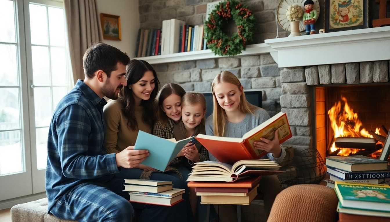 Homeschool family planning their winter semester by the fireplace with books and curriculum materials
