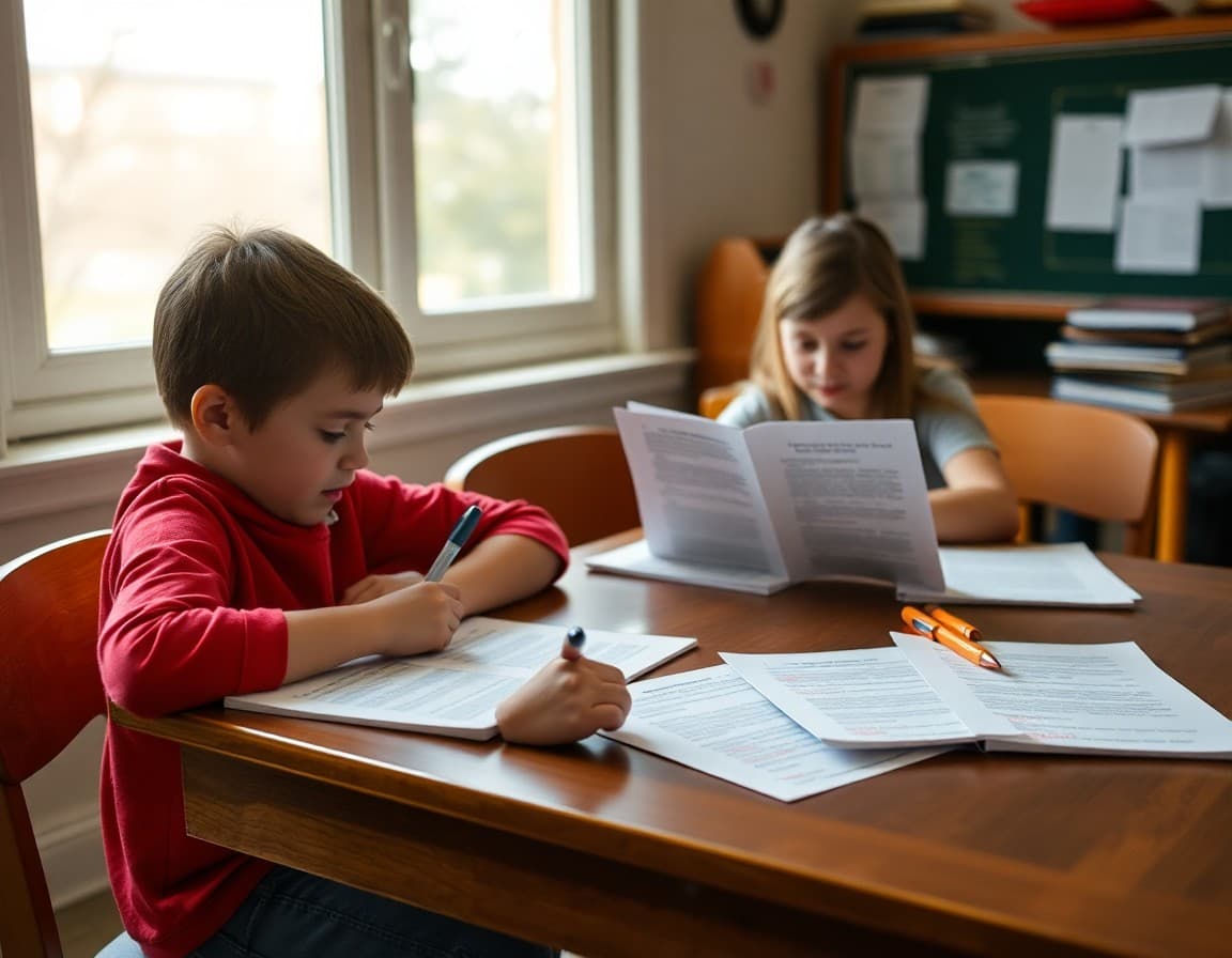 Homeschool writing curriculum materials including printed essays and red-pen feedback notes