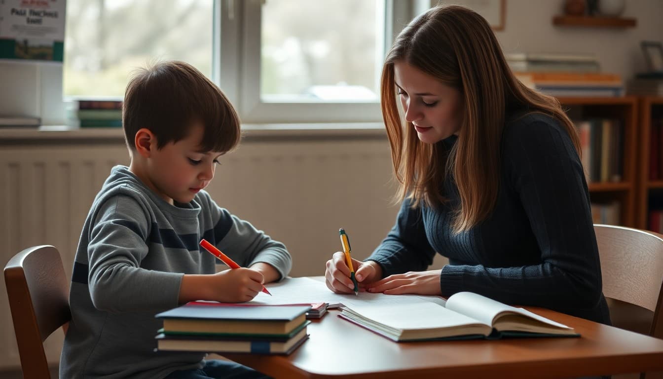 Homeschool student working on a writing assignment while parent provides written feedback