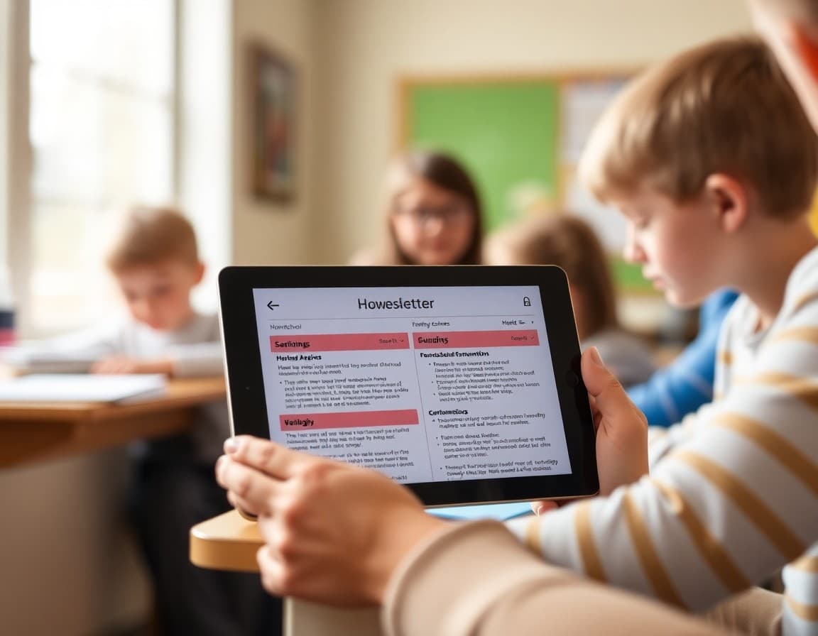 Iowa homeschool newsletter on a tablet showing weekly curriculum summaries and evaluation documentation