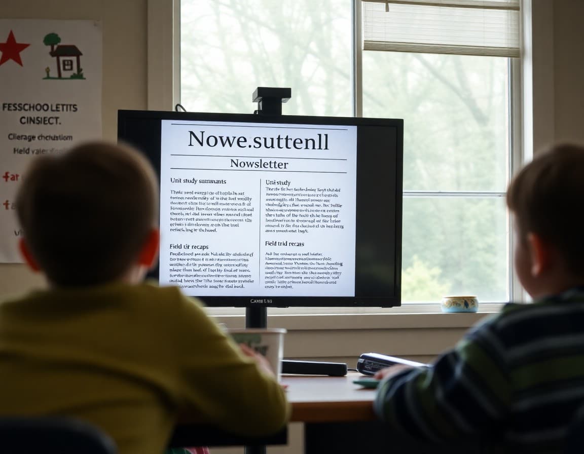 Indiana homeschool newsletter on a screen showing unit study summaries and field trip recaps