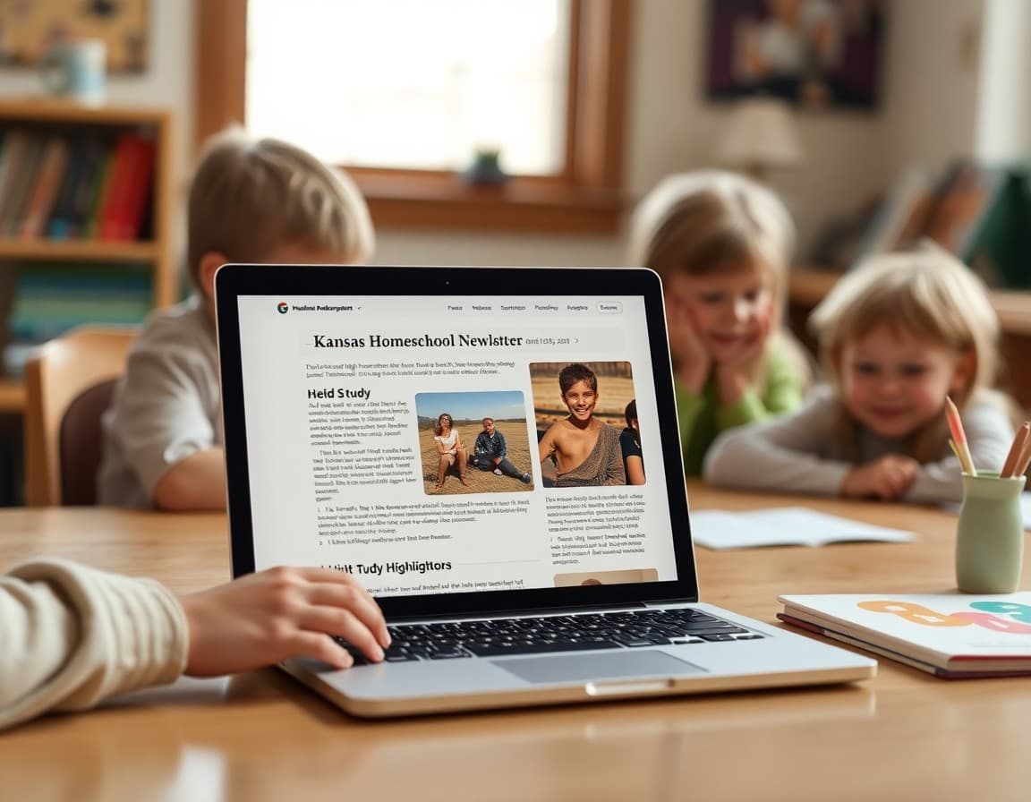 Kansas homeschool newsletter on a laptop showing unit study highlights and field trip documentation