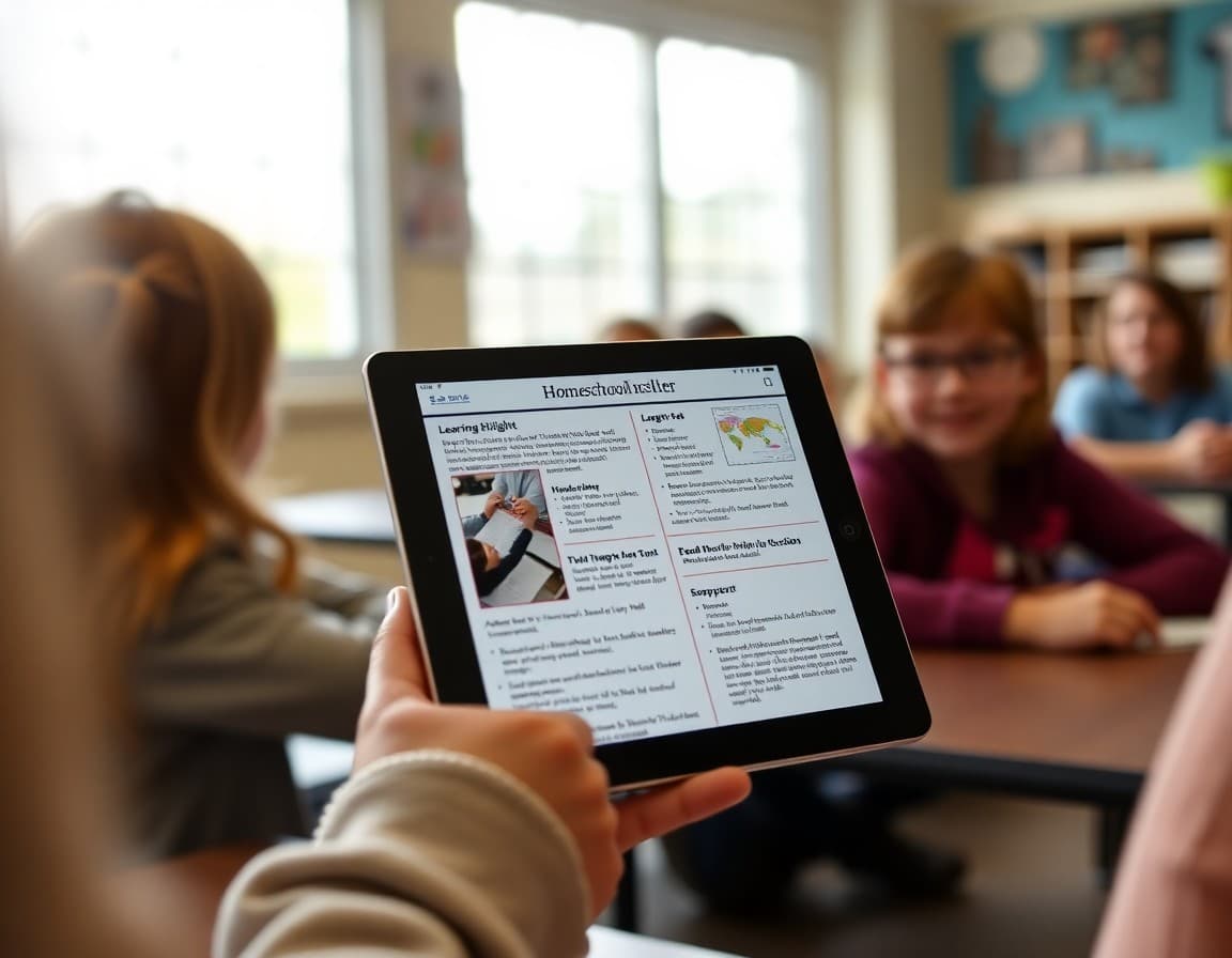 Kentucky homeschool newsletter on a tablet with learning highlights and upcoming co-op events