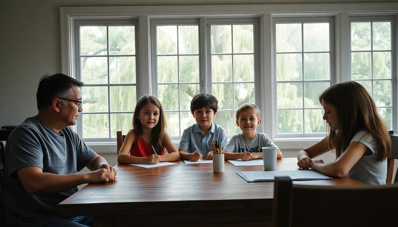 A Louisiana homeschool family at a wooden table with Spanish moss visible through the window