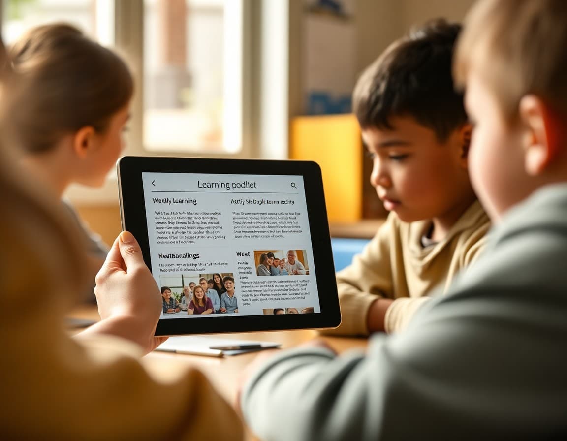 Learning pod newsletter on a tablet showing weekly learning summaries, schedule coordination, and pod activity photos