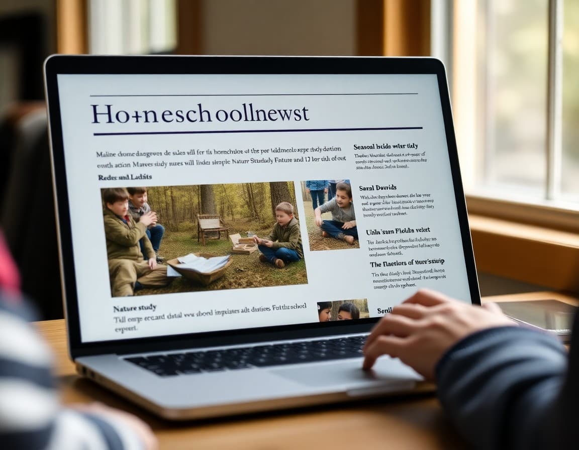 Maine homeschool newsletter on a laptop showing seasonal nature study entries and curriculum updates