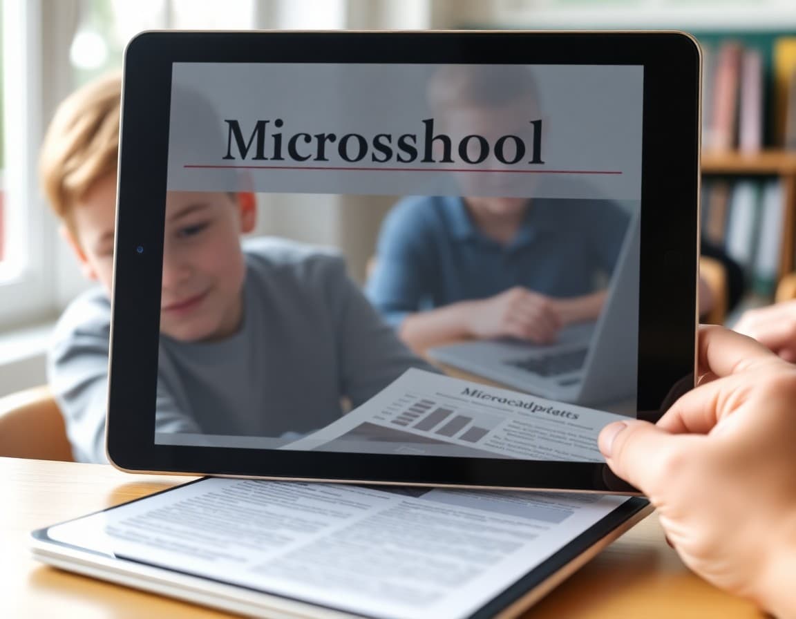 Microschool newsletter on a tablet showing project updates, community photos, and learning documentation