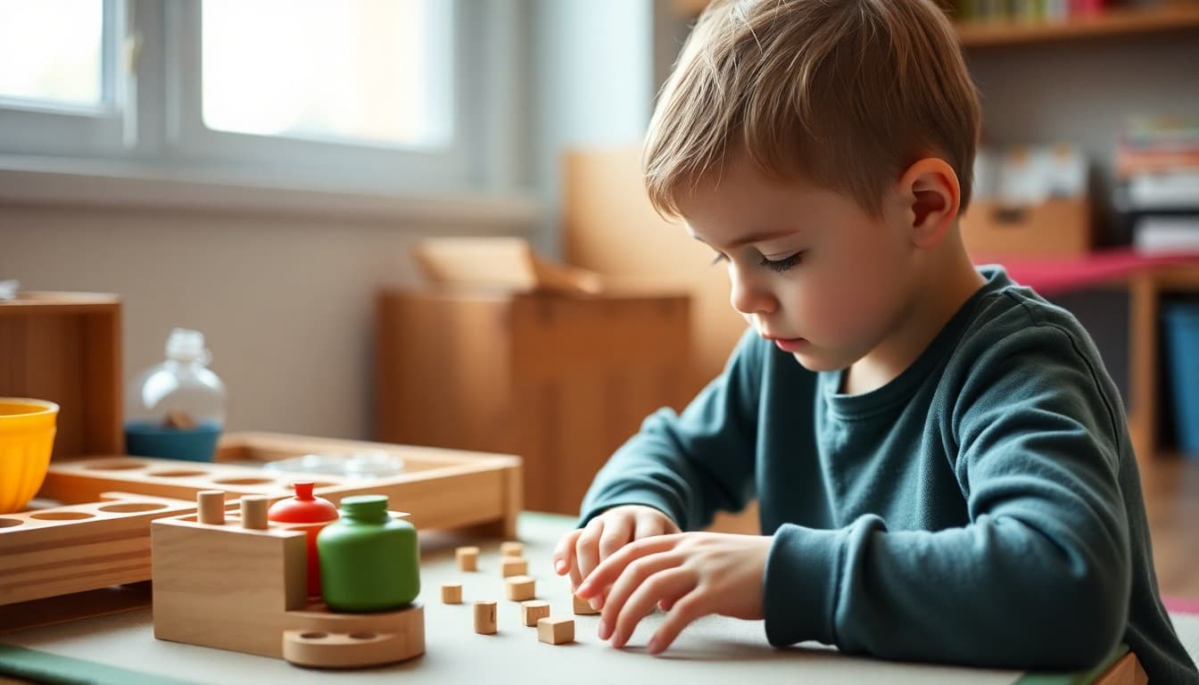 Montessori homeschool child working independently with hands-on learning materials at a work mat