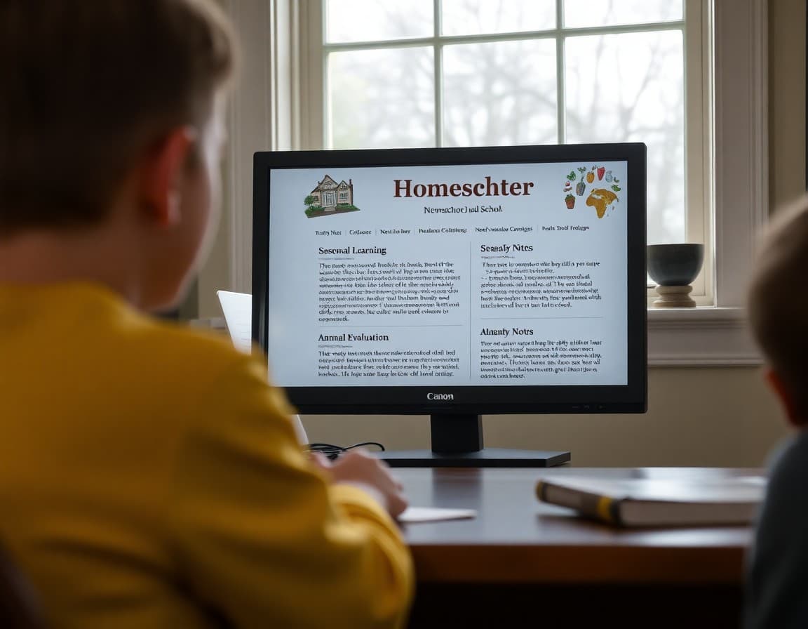 New Hampshire homeschool newsletter on a screen with seasonal learning entries and annual evaluation notes